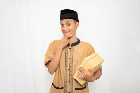 A young man in a traditional uniform holding a package and looking thoughtfulの写真素材