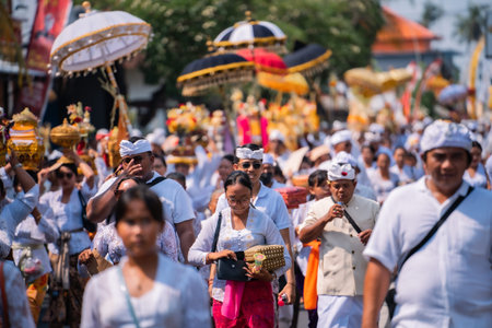 Bali, Indonesia - 08 March 2024: Thousands of participants walked in a procession celebrating...