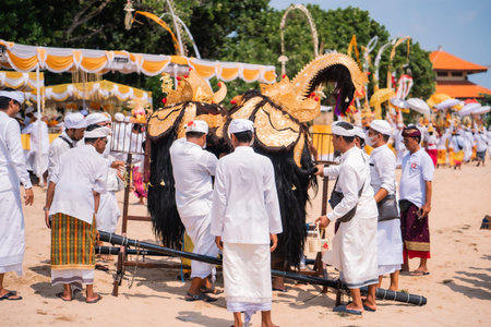Bali, Indonesia - 08 March 2024: Thousands of participants walked in a procession celebrating melasti, a self-purification ceremony to welcome the Nyepi holiday by all Hindus in Bali.のeditorial素材