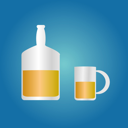 whiskey beer juice bottle and glass filled with liquid illustration on blue backgroundのイラスト素材