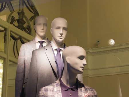 The window of a clothing store with mannequins in Saint Petersburg, Russia. Beautiful design, backlight, stylish clothing for shopping.の写真素材
