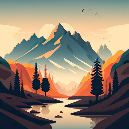 Autumn river landscapes for banner, web site, social media. Editable vector illustration with beautiful fall scenery, trees in forestの写真素材
