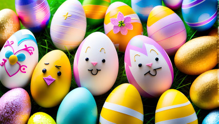 Colorful easter eggs with funny faces on green grass background.の写真素材