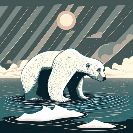 Global warming and Climate Change concept. Sad Polar Bear due to melting ice. Suitable for poster, cover, website, social media banner. vector illustration. 3D Generatedの写真素材