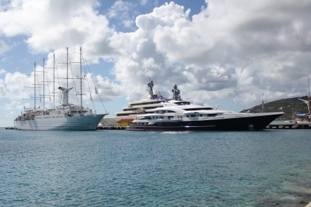 Yachts and a tall ship moored at the port city of  Phillipsburg, St  Martin  St Maarten , DWI のeditorial素材