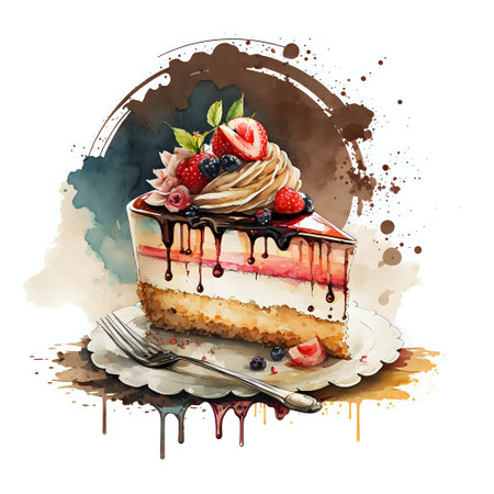 A digital watercolor illustration of a strawberry cake.