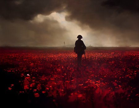 A photo illustration of a lone soldier standing in a field of poppies.の写真素材