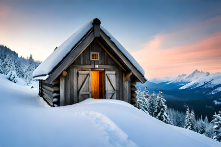 Wooden house in the mountains at sunset. Beautiful winter landscape.の写真素材