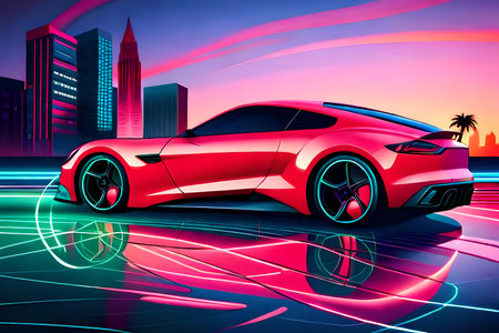 Futuristic red sport car on the background of the city.の写真素材