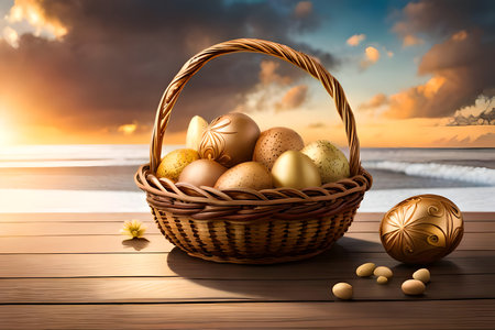 Easter eggs in a basket on a wooden table with sea backgroundの写真素材