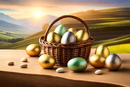 Basket with golden and silver easter eggs on wooden table in countrysideの写真素材