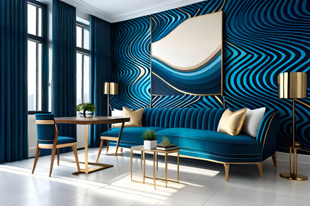 Interior of modern living room with blue and white walls, tiled floor, blue sofa standing near round wooden coffee table with gold stools and round mirror. 3d renderingの写真素材
