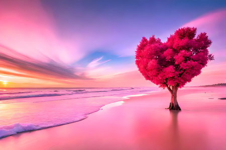 Valentine's day concept with tree on the beach at sunsetの写真素材