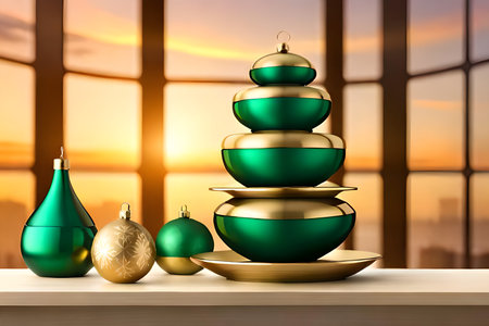 Christmas tree made of golden and green baubles. 3D renderingの写真素材
