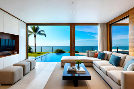 Luxury living room with swimming pool and sea view. 3d renderingの写真素材