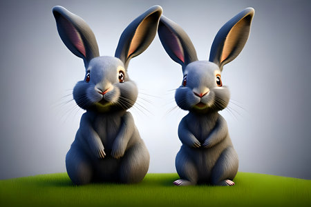 Rabbits sitting in the grass on a gray background, 3d renderの写真素材