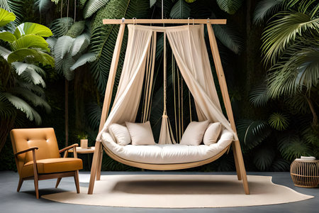 3d rendering of a wooden swing with cushions in a tropical gardenの写真素材