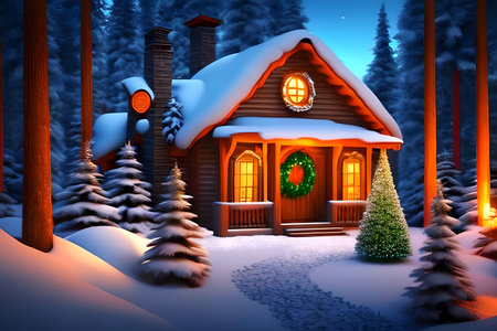Christmas house in the winter forest. 3D rendering. Computer digital drawing.の写真素材