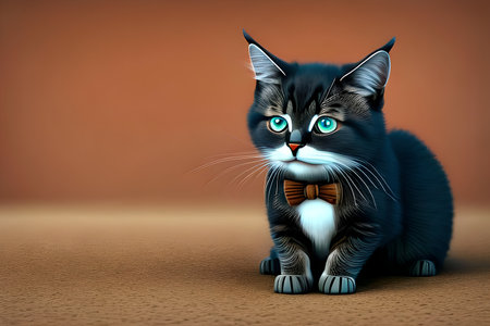 Black cat with blue eyes and bow tie sitting on a brown backgroundの写真素材
