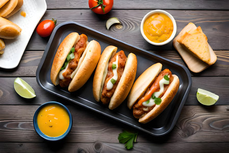 Hot dogs with sausages and mayonnaise on wooden backgroundの写真素材