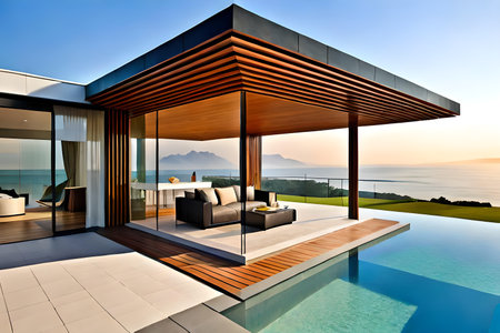3d rendering of modern house with pool and sea view for backgroundの写真素材