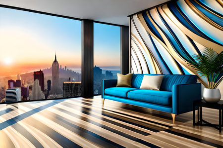 Modern living room interior design with blue sofa, coffee table and city view. 3D Renderingの写真素材