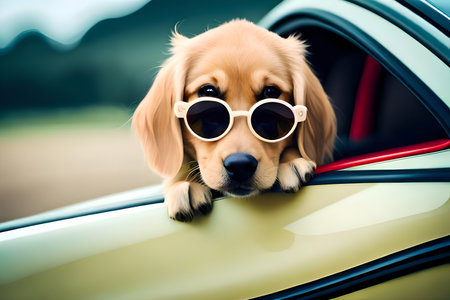 Cute Golden Retriever puppy in sunglasses sitting in the carの写真素材