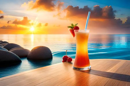 tropical cocktail on the beach at sunset. 3d rendering.の写真素材