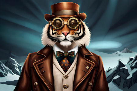 Vector illustration of a tiger wearing a leather jacket, hat and glassesの写真素材
