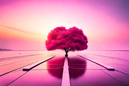 Beautiful tree on solar panels with sunset sky background. Ecology conceptの写真素材