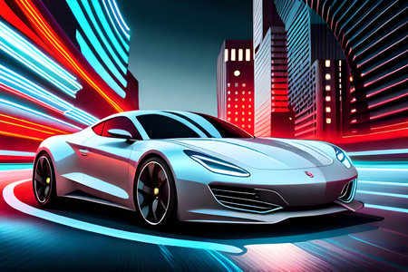 Sport car on the background of the night city. 3d renderingの写真素材