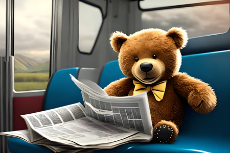 Teddy bear reading newspaper in the train. 3d illustration.の写真素材
