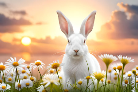 Cute white rabbit on meadow with daisies at sunsetの写真素材