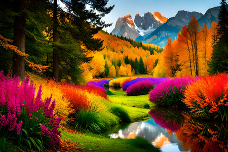 Colorful alpine meadow in the Dolomites, Italyの写真素材