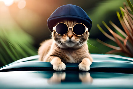 Cute british shorthair cat wearing sunglasses and cap sitting on top of carの写真素材