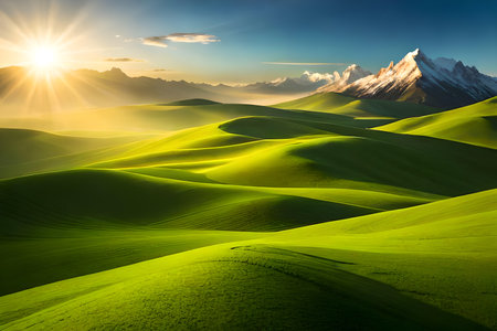 Beautiful spring landscape. Sunrise over green hills. Tuscany, Italyの写真素材