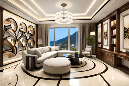 3d render interior of living room with white sofa and glass wallの写真素材