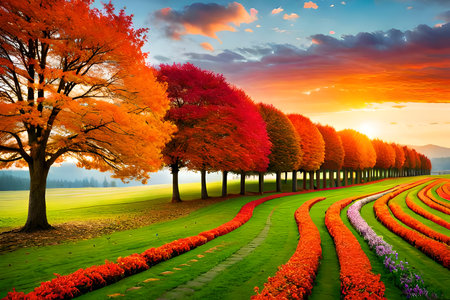 Beautiful autumn landscape with colorful flowers in the park at sunset.の写真素材