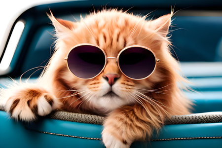 Cute ginger cat wearing sunglasses lying on a sofa. Isolated on white backgroundの写真素材
