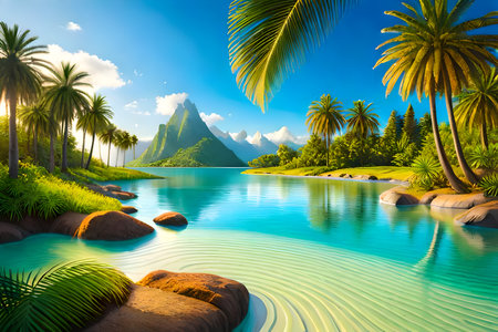 Beautiful tropical island with palm trees and turquoise water.の写真素材