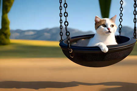 Cute cat on a swing in the desert. 3D renderingの写真素材