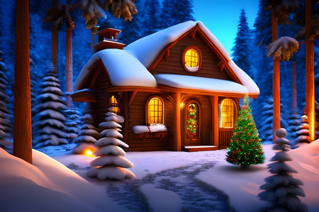Christmas cottage in the woods. 3d rendering. Computer digital drawing.の写真素材
