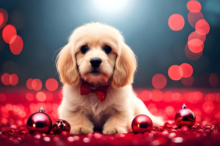 Cute puppy with red christmas balls on bokeh backgroundの写真素材