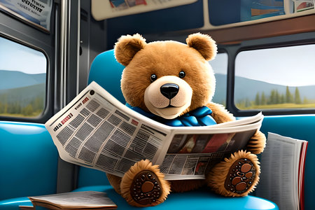 Teddy bear sitting in the bus and reading newspaper. 3d illustration.の写真素材