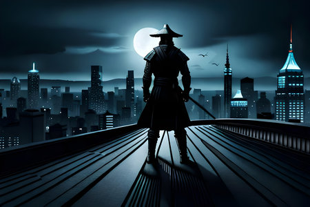 Silhouette of a witch in front of the city at nightの写真素材