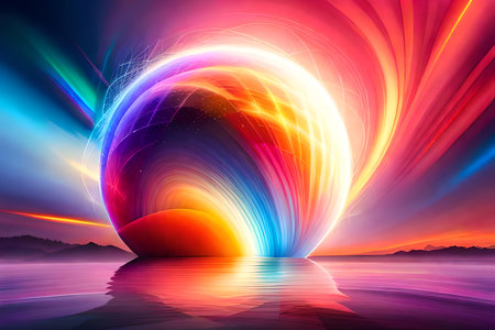 abstract background with colorful waves and sunbeams, vector illustrationの写真素材