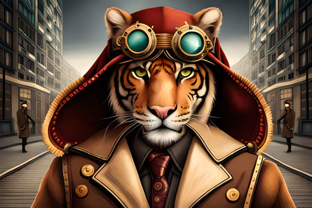 Portrait of a tiger in a leather jacket and aviator hat.の写真素材