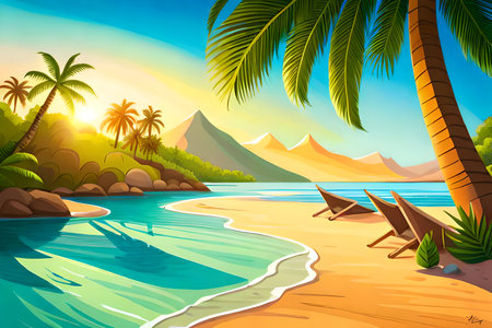 Tropical beach with palm trees and sunbeds. Vector illustrationの写真素材