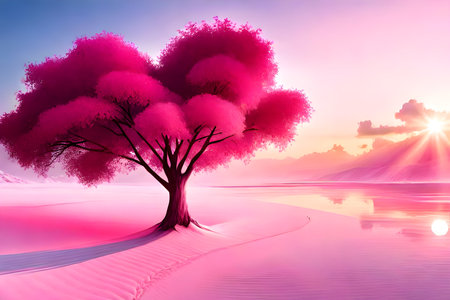Beautiful pink tree on the beach at sunset. Vector illustration.の写真素材