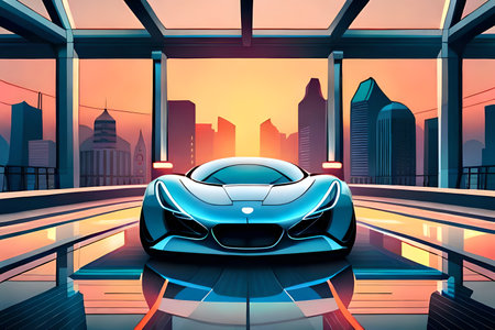 3D rendering of a concept car in a futuristic city at sunsetの写真素材